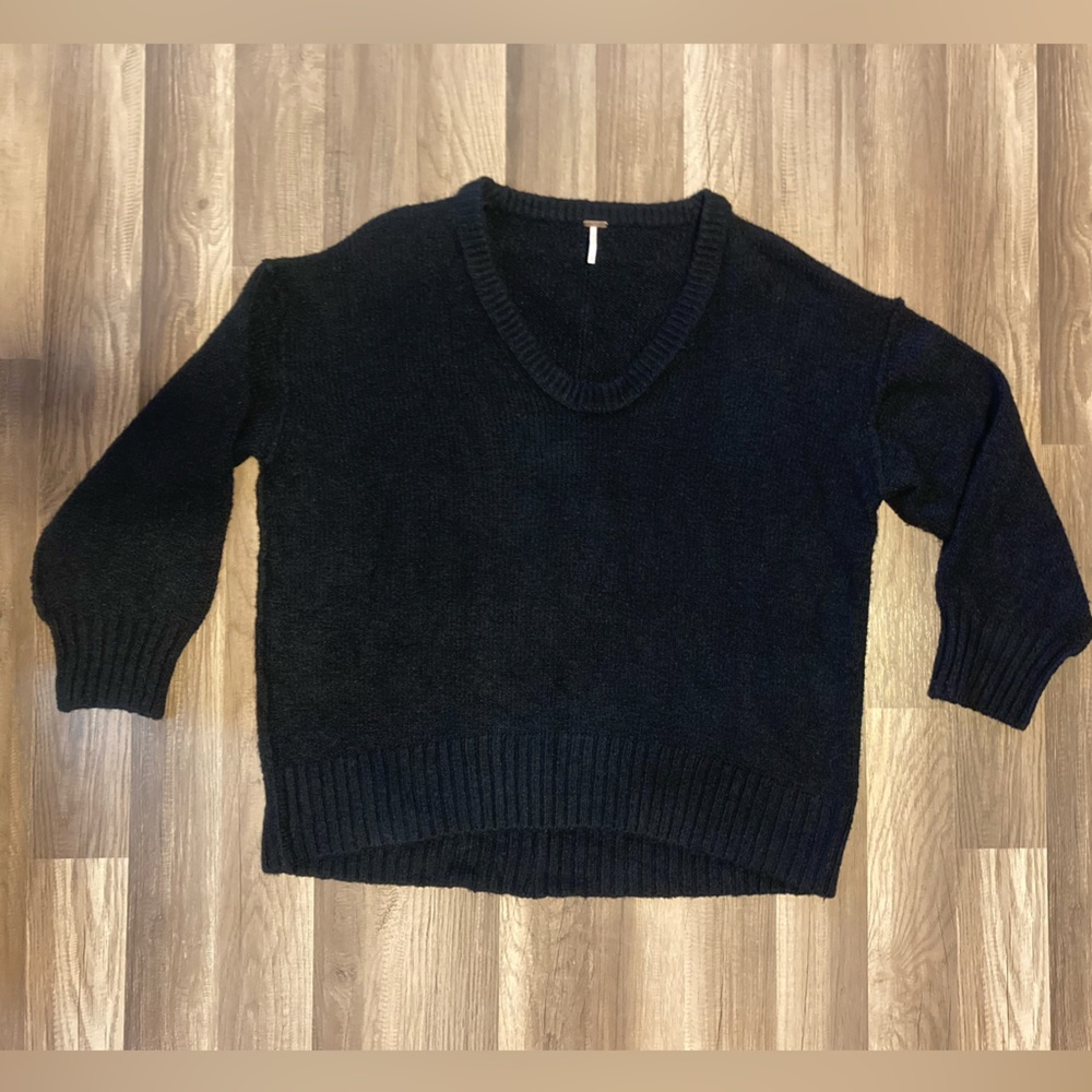 Free People Wool Blend Black V Neck Sweater Tunic Size S Oversized